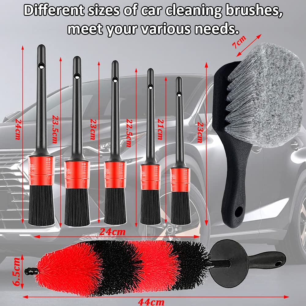 8Pcs Wheel & Tire Brush Car Detailing Kit with 17inch Long Handle Wheel Cleaning Brush, Short Handle Tire Brush, 5 Car Detailing Brushes, Car Towel, Car Wash Kit for Cleaning Car Interior Exterior
