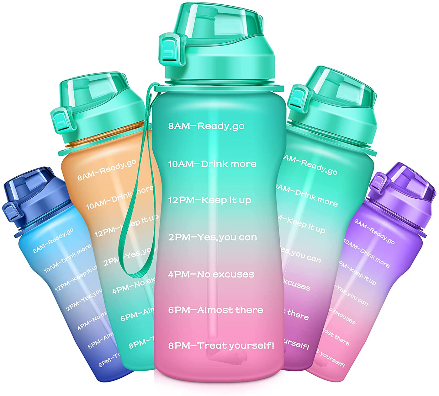 Ahape Gallon Motivational 64/100 oz Water Bottle with Time Marker & Straw, Large Daily Water Jug for Fitness Gym Outdoor Sports, Remind of All Day Hydration, Leak Proof, BPA Free (green+pink, 64oz)