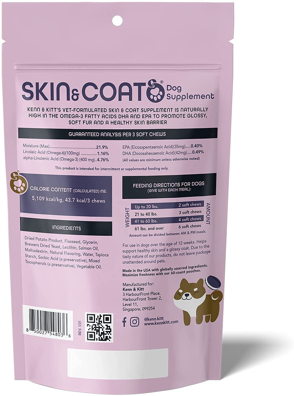 Kenn & Kitt Skin and Coat | Reduces Shedding & Hydrates the Skin With Salmon Oil For Dogs | Omega 3 & 6 Dog Skin and Coat Supplement | Dog Itchy Skin Preventative | Dog Coat Supplement | 60 Soft Chews