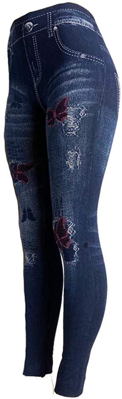 CLOYA Women's Denim Print Seamless Full Leggings for All Seasons - One Size Fits Large & X-Large