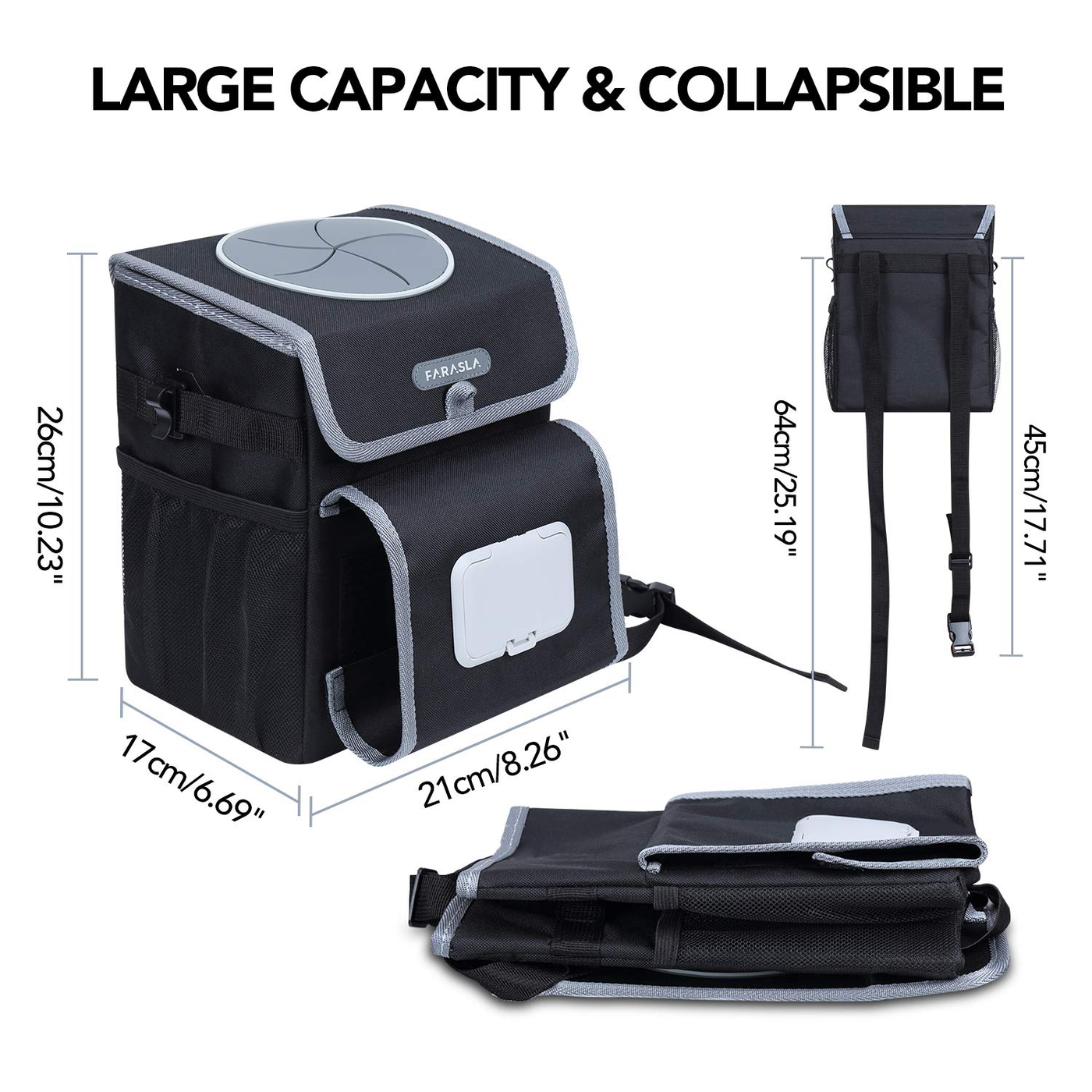 Farasla All-in-One Car Trash Can with 2 Removable Leakproof Interior Liners, Adjustable Tissue Holder & Straps