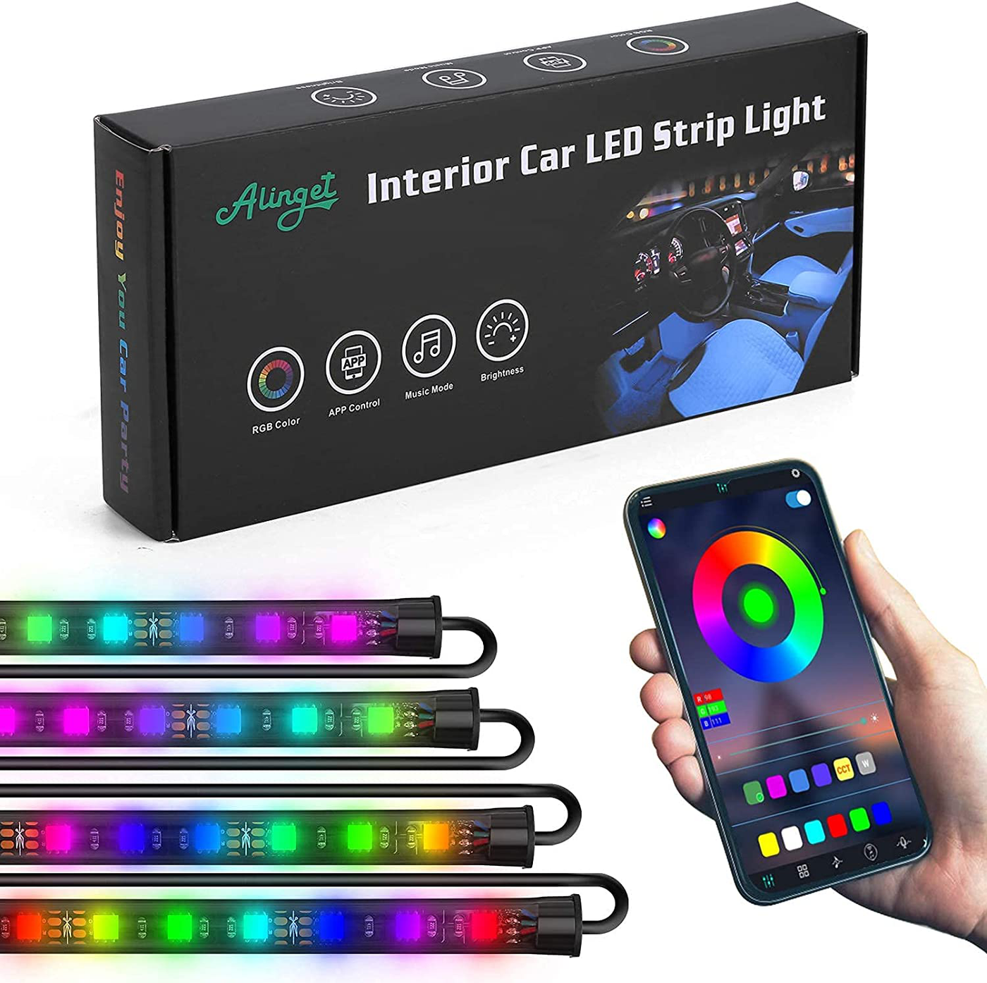 Interior Car Lights 2 Lines Design 16 Million Colors DIY Multicolor Music Sync Mode Car Lighting with APP Control and Remote Control led Light for car DC 12V