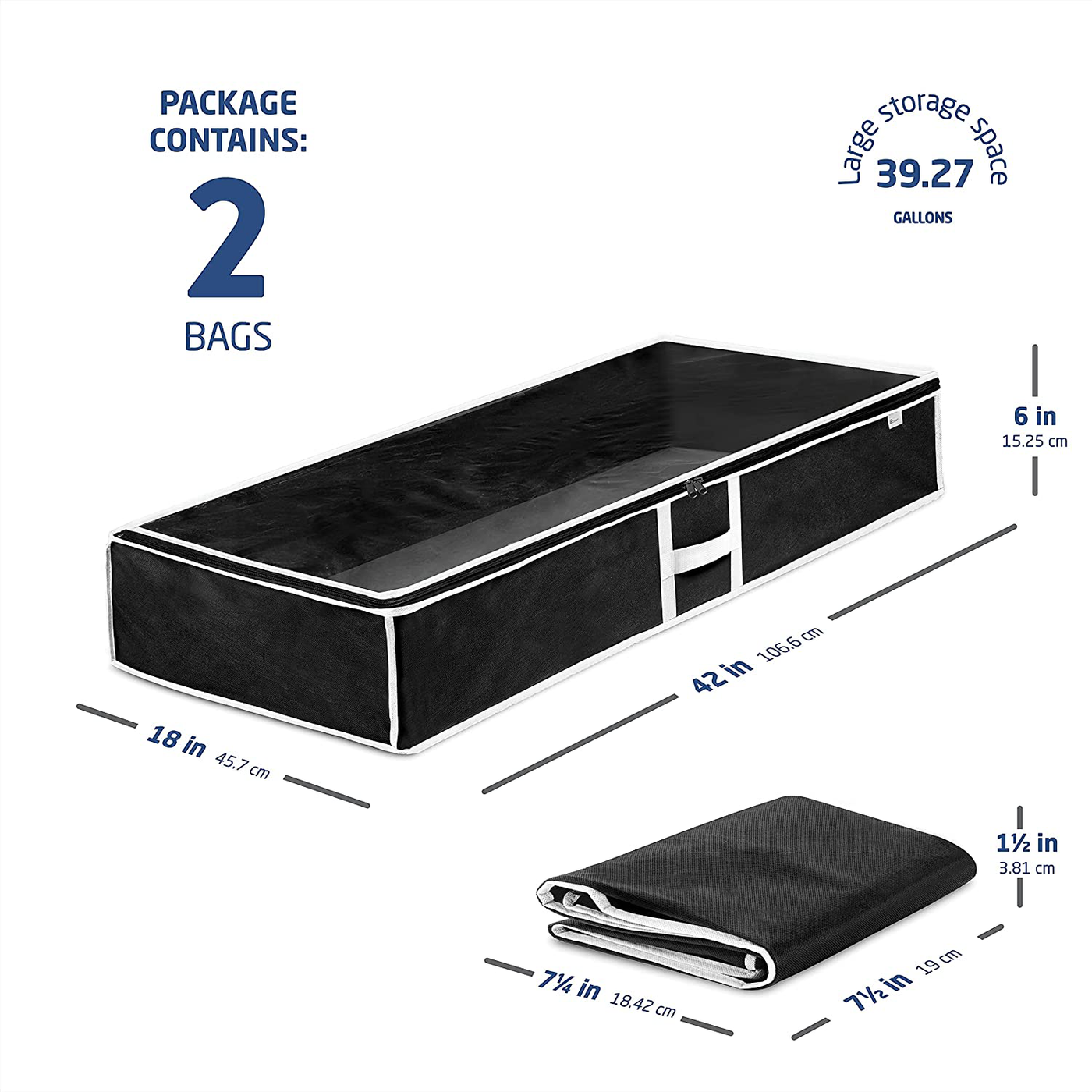 ZOBER Underbed Storage Bag Organizer (2 pk) Large Capacity Storage Box with Reinforced Strap Handles, PP Non-Woven Material, Clear Window, Store Blankets, Comforters, Linen, Bedding,Seasonal Clothing