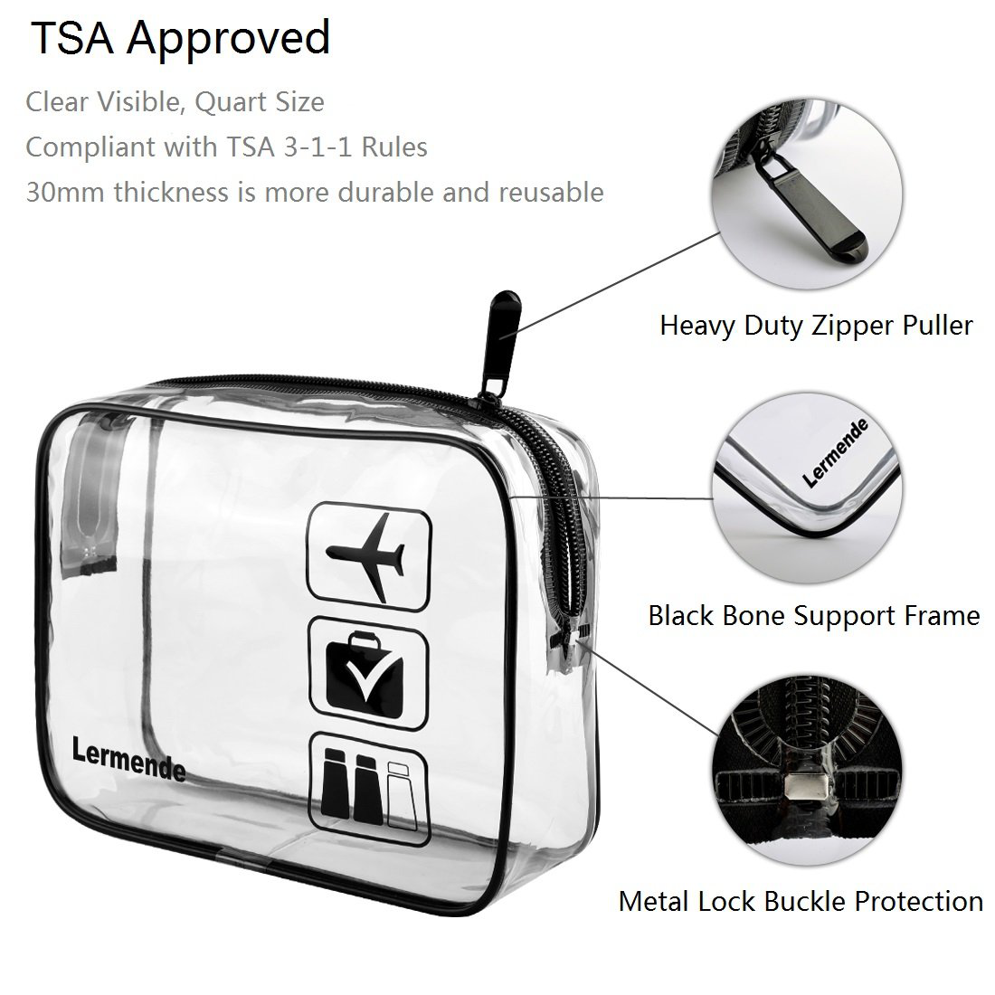 3pcs Lermende TSA Approved Toiletry Bag with Zipper Travel Luggage Pouch Carry On Clear Airport Airline Compliant Bag Travel Cosmetic Makeup Bags for Men Women - Black