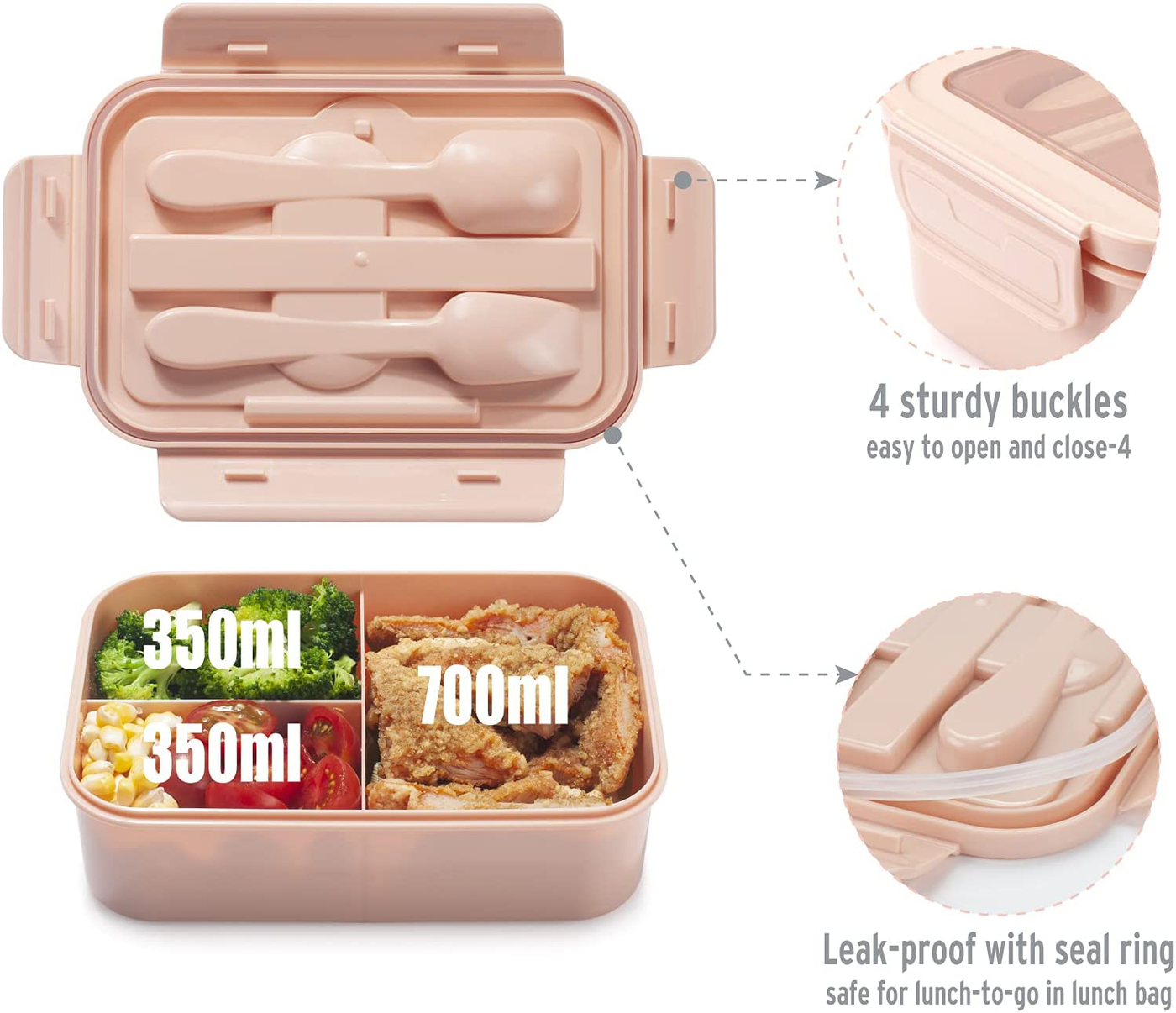 Freshmage Bento Lunch Box - Leak-proof 3 Compartment Lunch Containers for Adults and Kids BPA-Free and Dishwasher Safe Bento Box with Spoon, Fork & Chopsticks