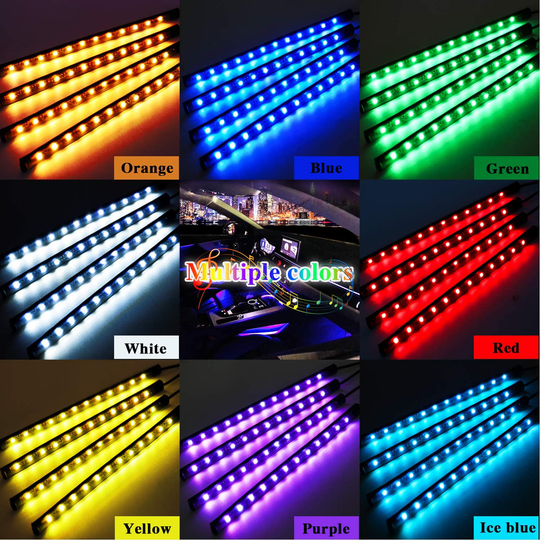 LivTee 12V Interior Car Lights, Newest Two-Line Design 4pcs 48 LED Multi DIY Color Music Under Dash Car Lighting Waterproof Kits with Wireless Remote & APP Control, Car Charger Included