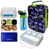 Bento Box Lunch Bag Water Bottle and Ice Pack Set for Boys, Kids | Snack Containers with 4 Compartment Dividers, Leakproof Boxes for School, BPA Free, Blue Camouflage Dinosaur