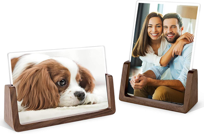 Mixoo Picture Frame 2 Pack - Rustic Wooden Photo Frames with Walnut Wood Base and High Definition Break Free Acrylic Glass Covers for Tabletop or Desktop Display (4x6 inch, Horizontal + Vertical)