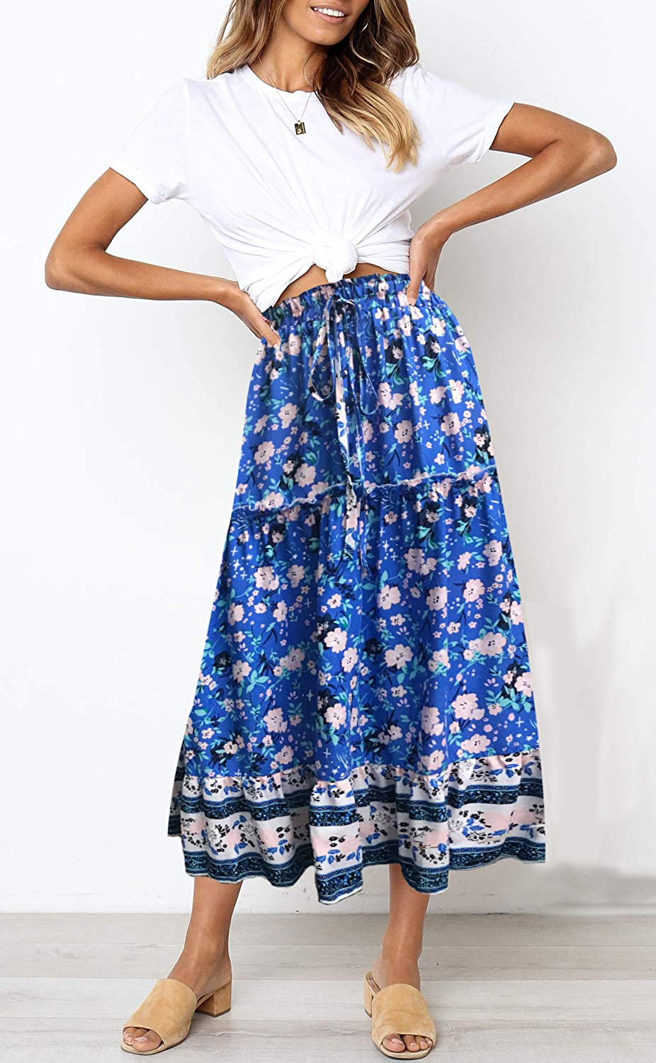 MEROKEETY Women's Boho Floral Print Elastic High Waist Pleated A Line Midi Skirt