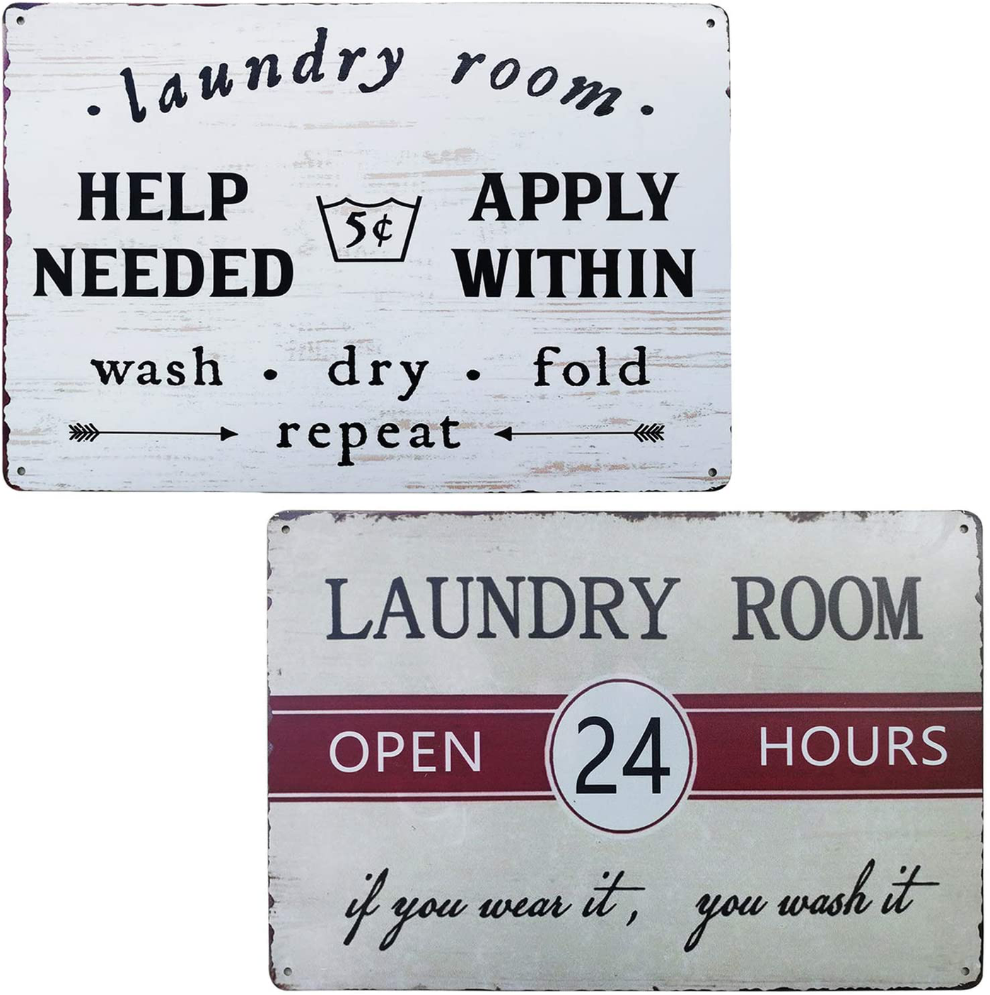 Laundry Room Open 24 Hours Vintage Metal Sign Washroom Wall Decor Vintage Laundy Room Sign for Home Decoration 2Pcs-8X12Inch