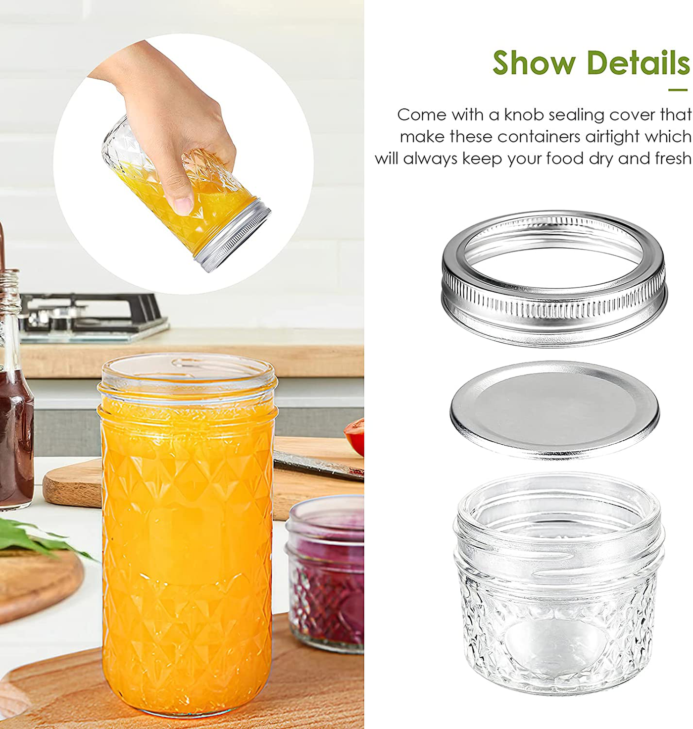 Aitsite 16 OZ Mason Jars, 4 Piece Canning Jar Set With Regular Lids, Ideal for Jelly, Jam, Honey, Wedding Favors, Shower Favors, Baby Foods, DIY Magnetic Spice Jars