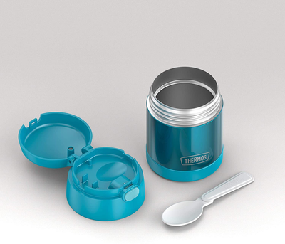 THERMOS FUNTAINER 10 Ounce Stainless Steel Vacuum Insulated Kids Food Jar with Folding Spoon, Grey And Aqua Waves