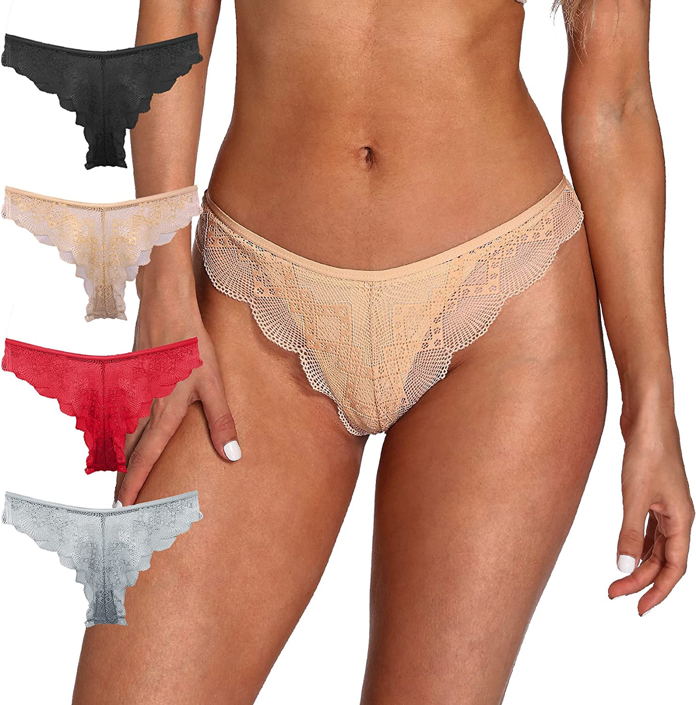 6 Pack Women's Sexy Lace Cotton Thongs Low Waist Underwear Soft Seamless Panties