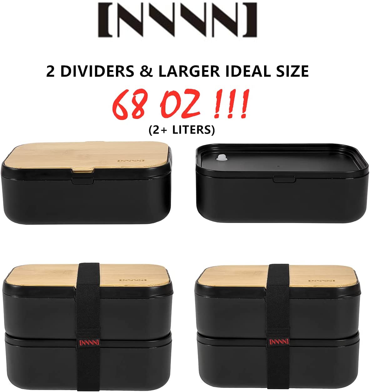 INVVNI Japanese Bento Box Adult Lunch Bamboo Containers for Kids Black (Large 68 Oz Capacity)- Microwave safe, Bpa free, Leakproof, Men Women
