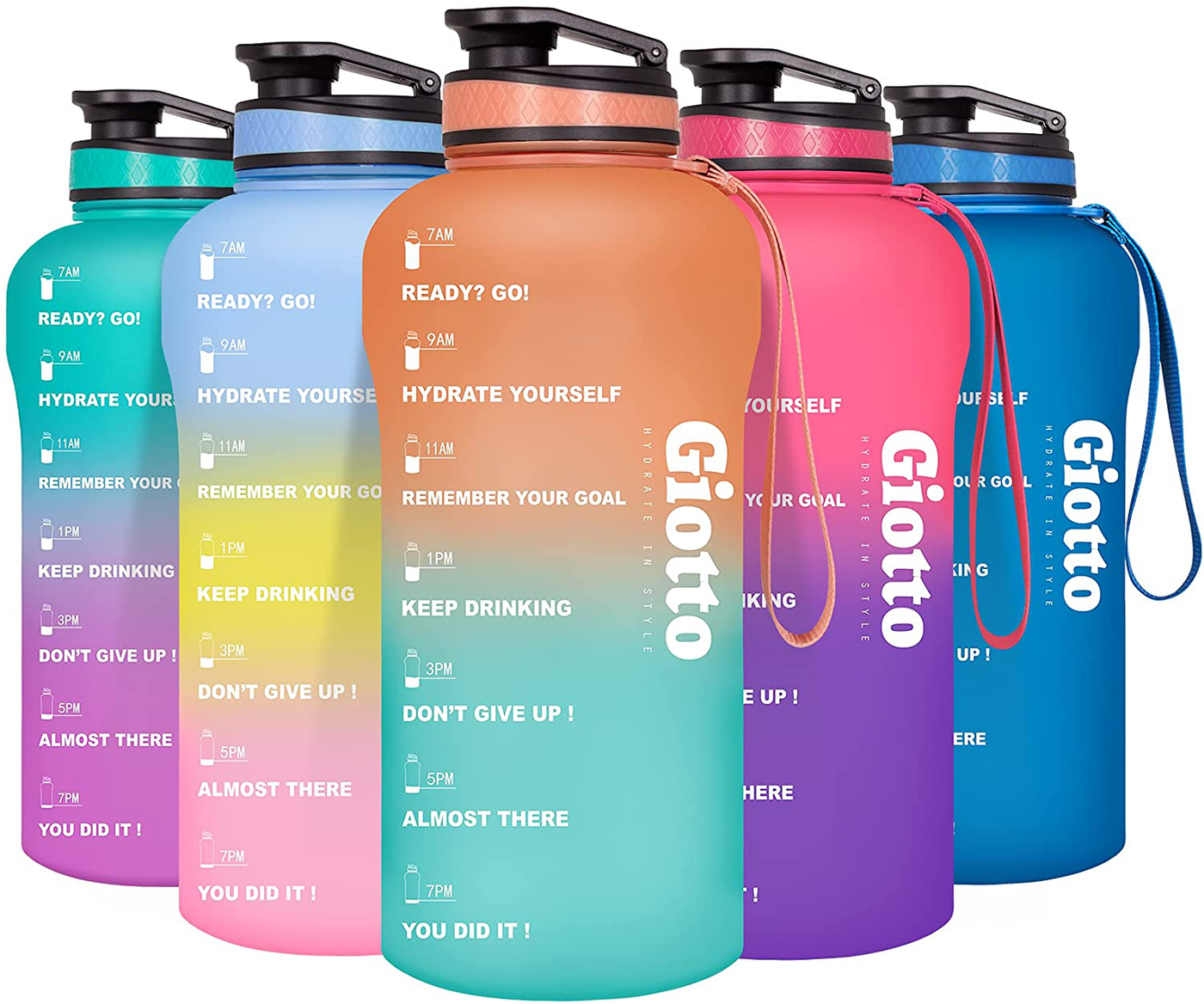 Giotto Large Half Gallon/64oz Motivational Water Bottle with Time Marker & Removable Strainer, Leakproof BPA Free Water Jug to Remind You Drink More Water and Hydrate in Style