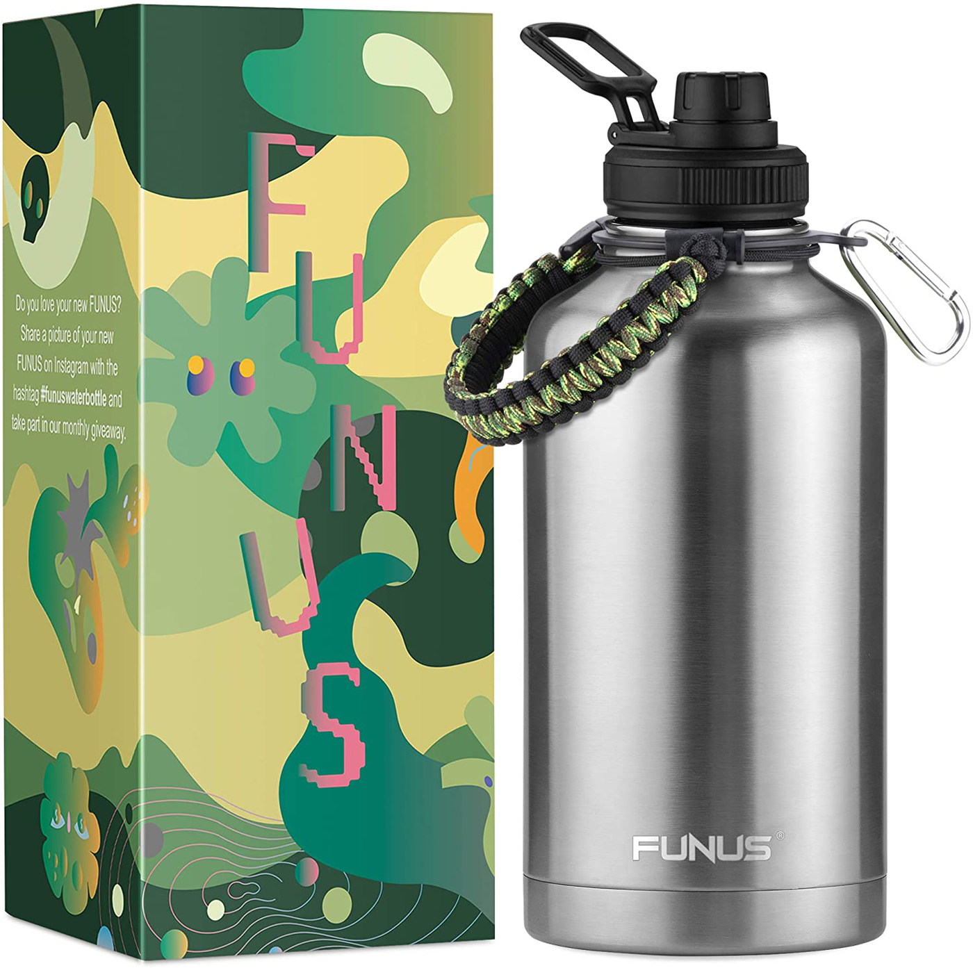 FUNUS Half Gallon Insulated Water Bottle64 oz Vacuum Stainless Steel Water Jug for Men Women Sports Fitness Outdoor Travel Camping Workout (Army Green)