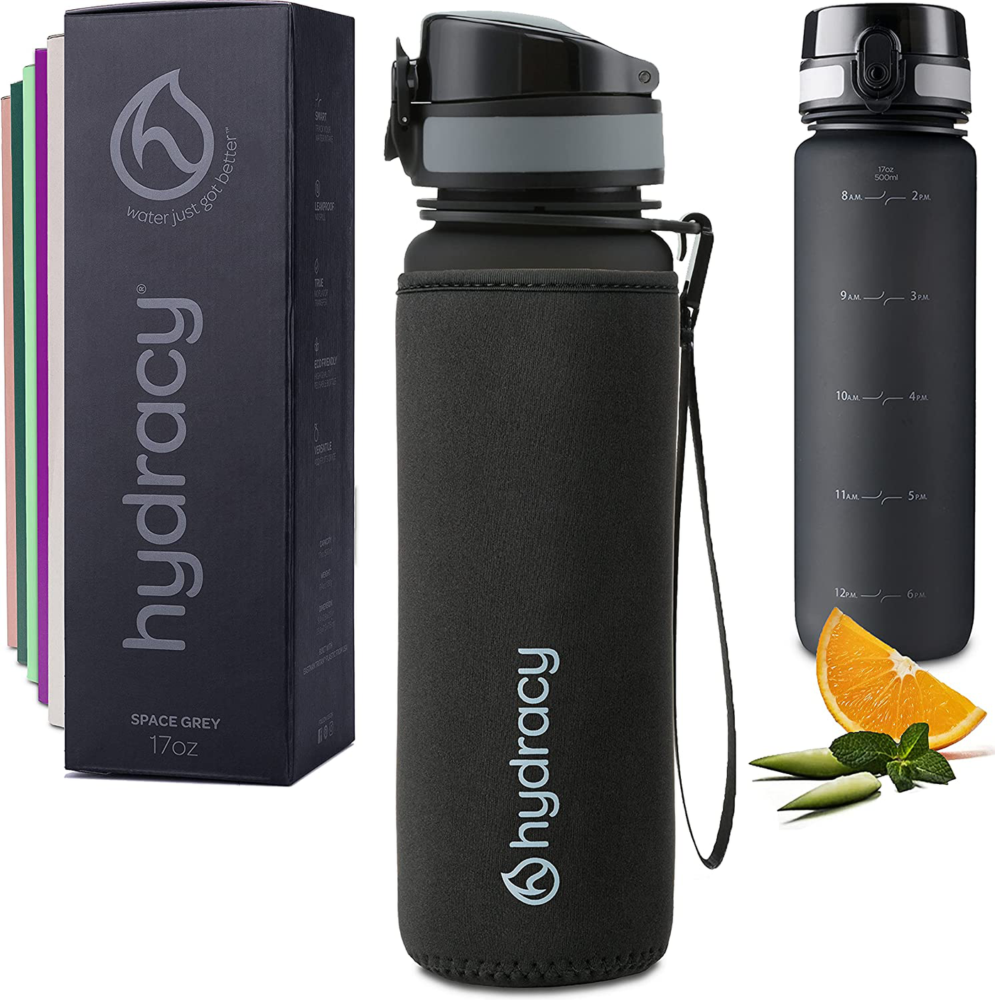 Hydracy Water Bottle with Time Marker - 500 ml 17oz BPA Free Water Bottle -Leak Proof & No Sweat Gym Bottle with Fruit Infuser Strainer -Ideal Gift for Fitness, Sports & Outdoors - Berry Blue