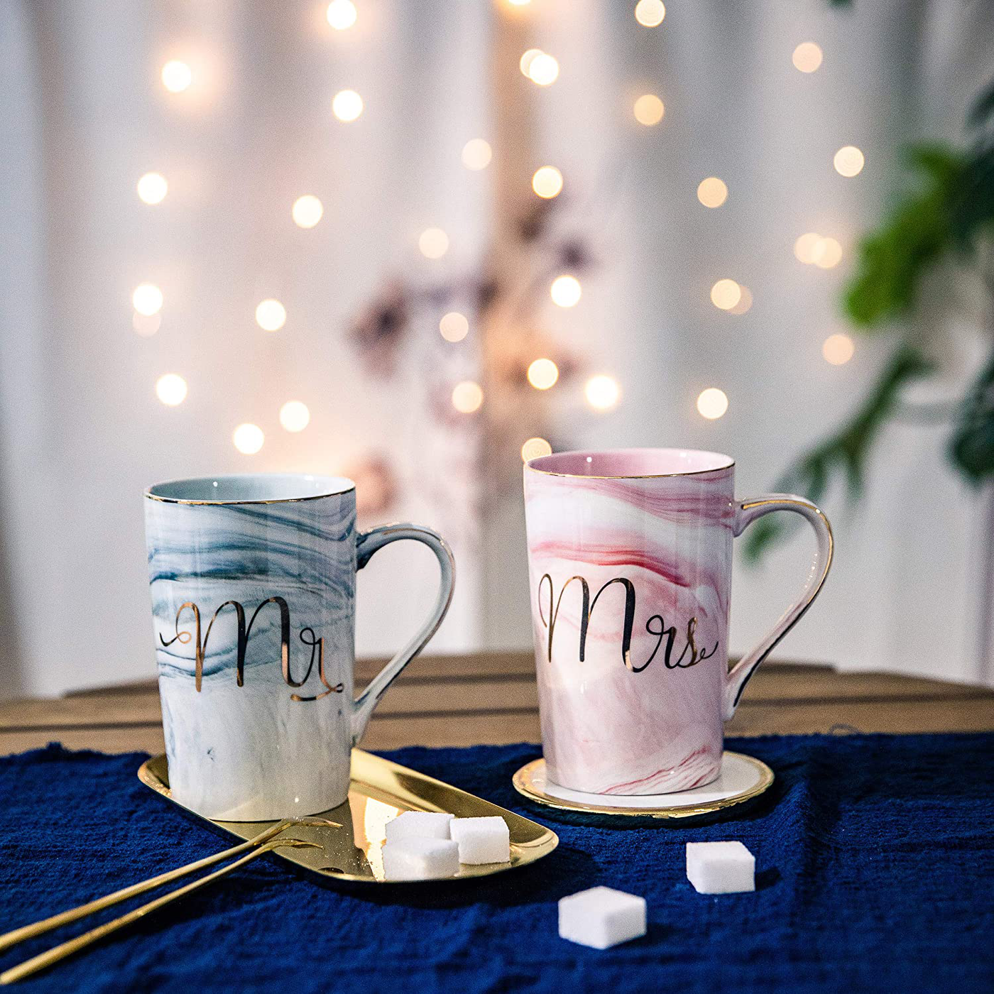 Jumway Mr and Mrs Coffee Mugs - Wedding Gifts for Bride and Groom - Gifts for Bridal Shower Engagement Wedding and Married Couples Anniversary - Ceramic Marble Cups 14 Oz Pink