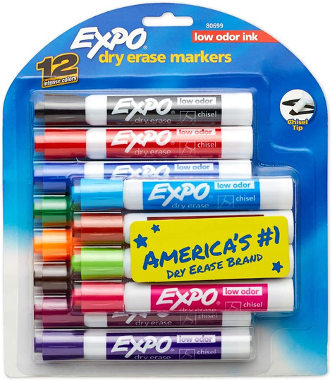 EXPO Low Odor Dry Erase Markers, Chisel Tip, Assorted Colors, 12 Count