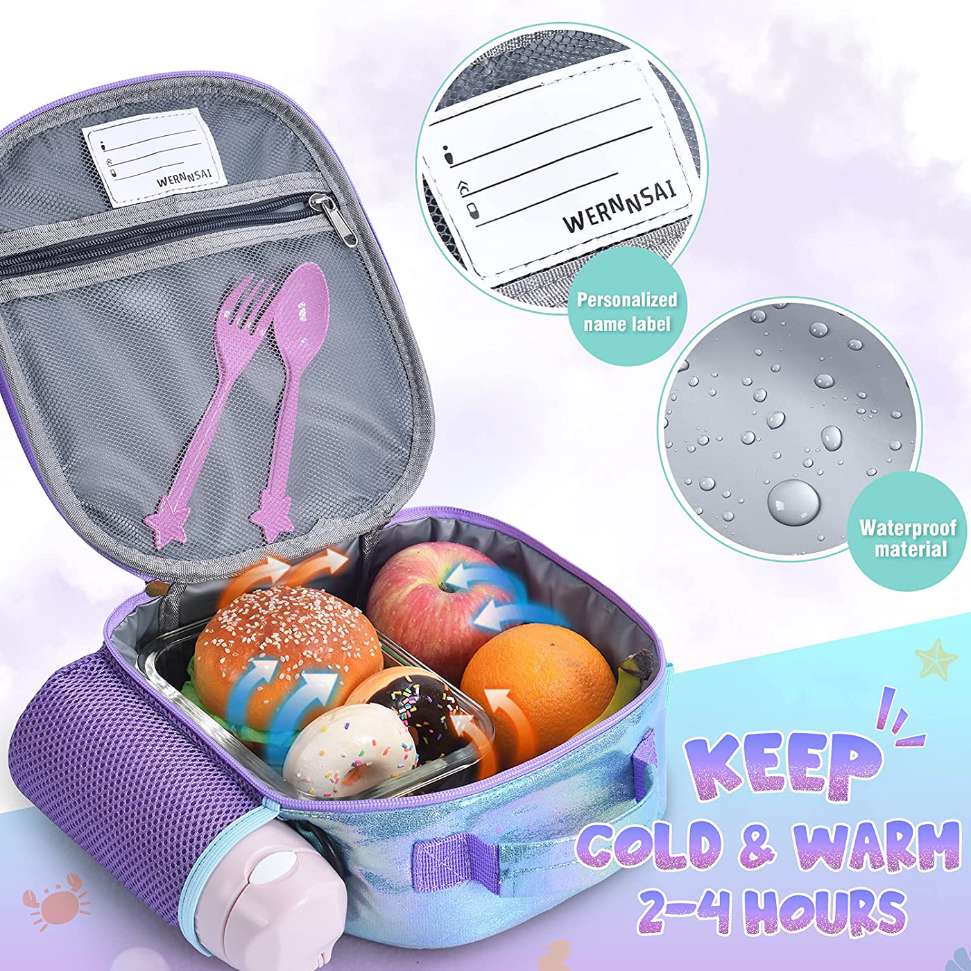 Mermaid Lunch Bag - 3D Insulated Lunch Box for Girls School Picnic Shopping Lunch Shiny Crossbody Waterproof Reusable Lunch Thermal Tote Handbag with Detachable Strap