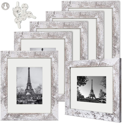 upsimples 8.5x11 Picture Frame Distressed White with Real Glass,Display Pictures 6x8 with Mat or 8.5x11 Without Mat,Multi Photo Frames Collage for Wall or Tabletop Display,Set of 6