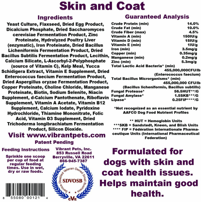 Vibrant Pets Skin and Coat Diet Supplements | Original Premium Dog Coat Supplement and Dog Skin Supplement Powder with Probiotics| Natural Ingredients 80 Servings 8oz