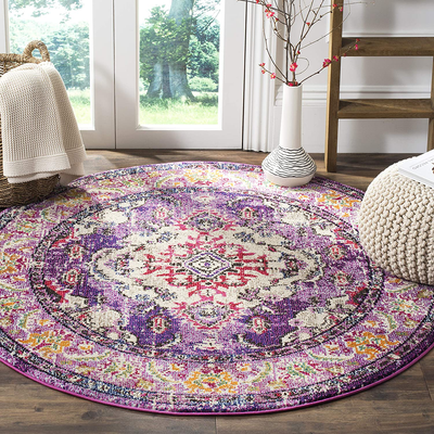 Safavieh Monaco Collection MNC243P Boho Chic Medallion Distressed Non-Shedding Dining Room Entryway Foyer Living Room Bedroom Area Rug, 5' x 5' Round, Violet / Fuchsia