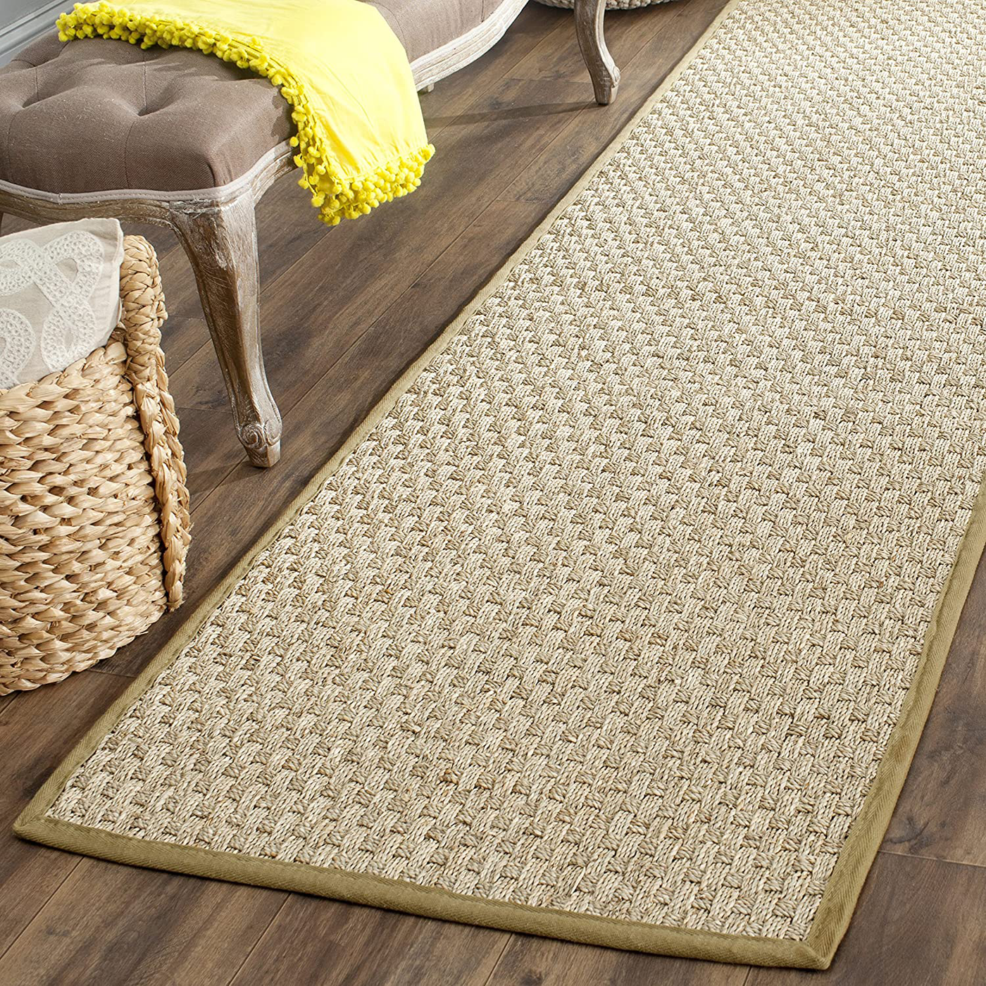 Safavieh Natural Fiber Collection NF114G Border Basketweave Seagrass Runner, 2'6" x 10' , Olive