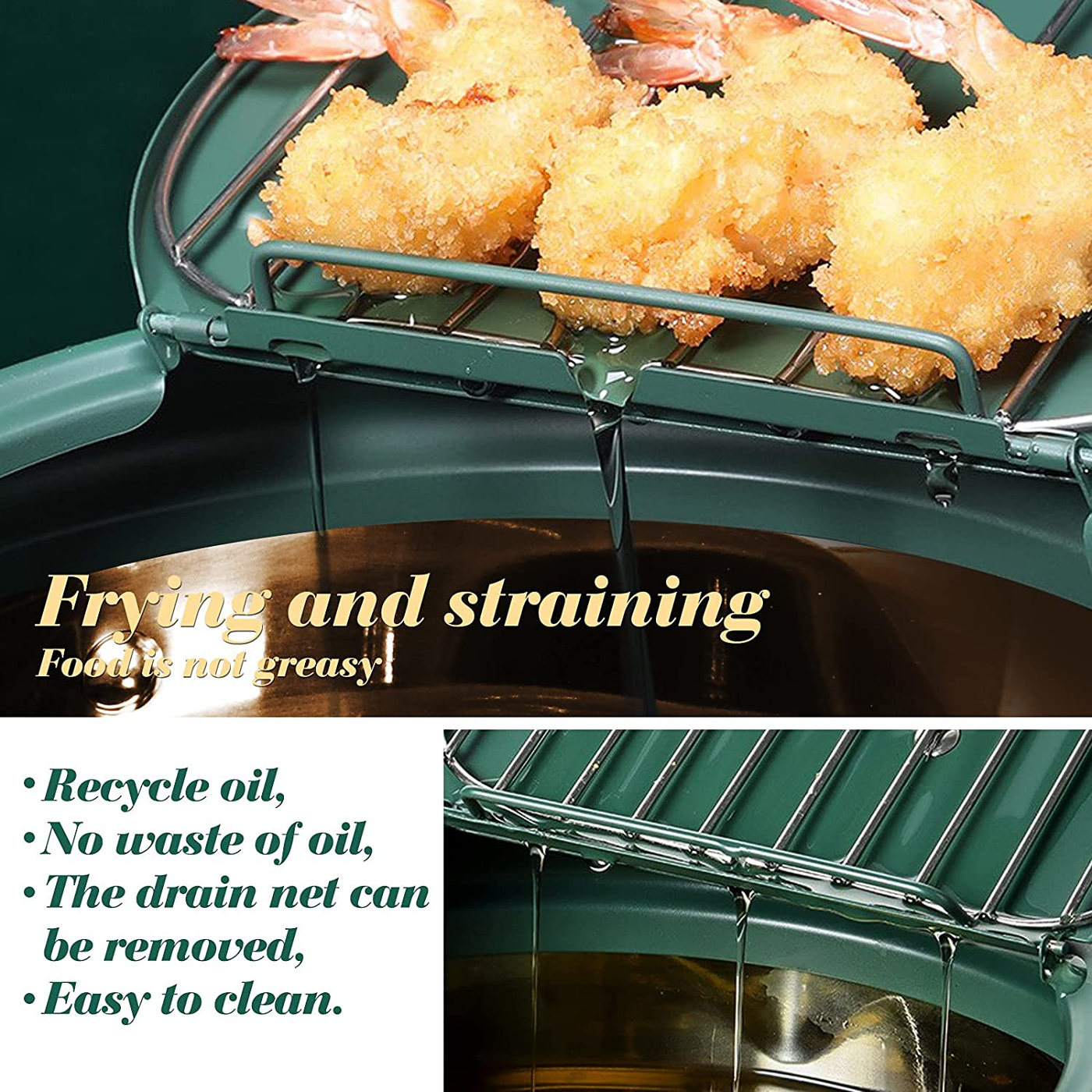 Chihee Deep Fryer with Thermometer 304 Stainless Steel Fry Pot Non-stick Frying Pot with Lid Oil Strainer Rack Beak Diversion Perfect for Family Frying Tempura, French Fries and Chicken Nuggets