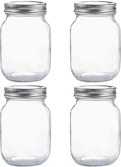 Glass Regular Mouth Mason Jars, 16 oz Clear Glass Jars with Silver Metal Lids for Sealing, Canning Jars for Food Storage, Overnight Oats, Dry Food, Snacks, Candies, DIY Projects (4PACK)