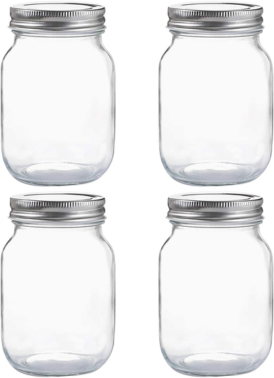 Glass Regular Mouth Mason Jars, 16 oz Clear Glass Jars with Silver Metal Lids for Sealing, Canning Jars for Food Storage, Overnight Oats, Dry Food, Snacks, Candies, DIY Projects (4PACK)