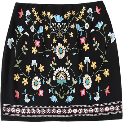 SheIn Women's Casual Floral Embroidered Bodycon Short Mini Skirt