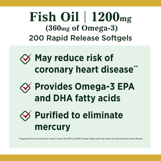 Nature’s Bounty Fish Oil, 1200mg, 360mcg of Omega-3, 200 Rapid Release Softgels