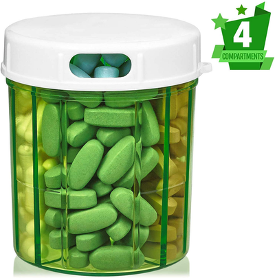 Pill Organizer Dispenser with 4 Compartments, Holder for Medication, Vitamins & Supplements Round Bottle Daily Pill Case Reminder Box