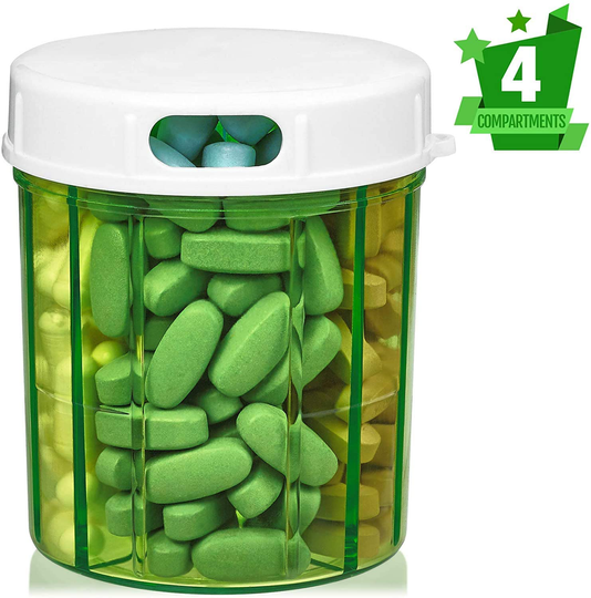 Pill Organizer Dispenser with 4 Compartments, Holder for Medication, Vitamins & Supplements Round Bottle Daily Pill Case Reminder Box