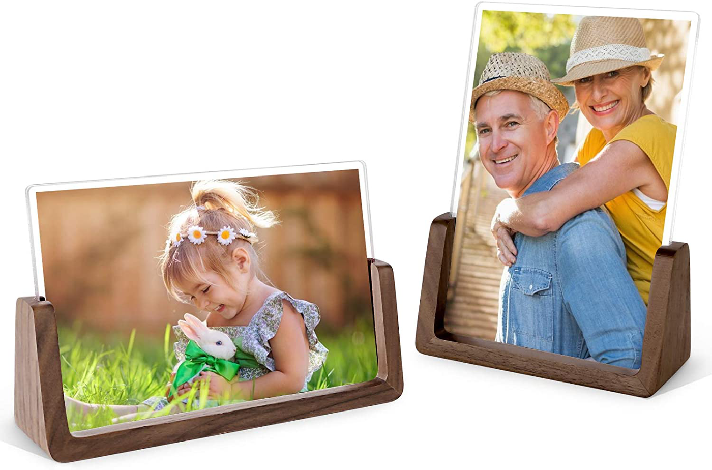 Mixoo Picture Frame 2 Pack - Rustic Wooden Photo Frames with Walnut Wood Base and High Definition Break Free Acrylic Glass Covers for Tabletop or Desktop Display (4x6 inch, Horizontal + Vertical)