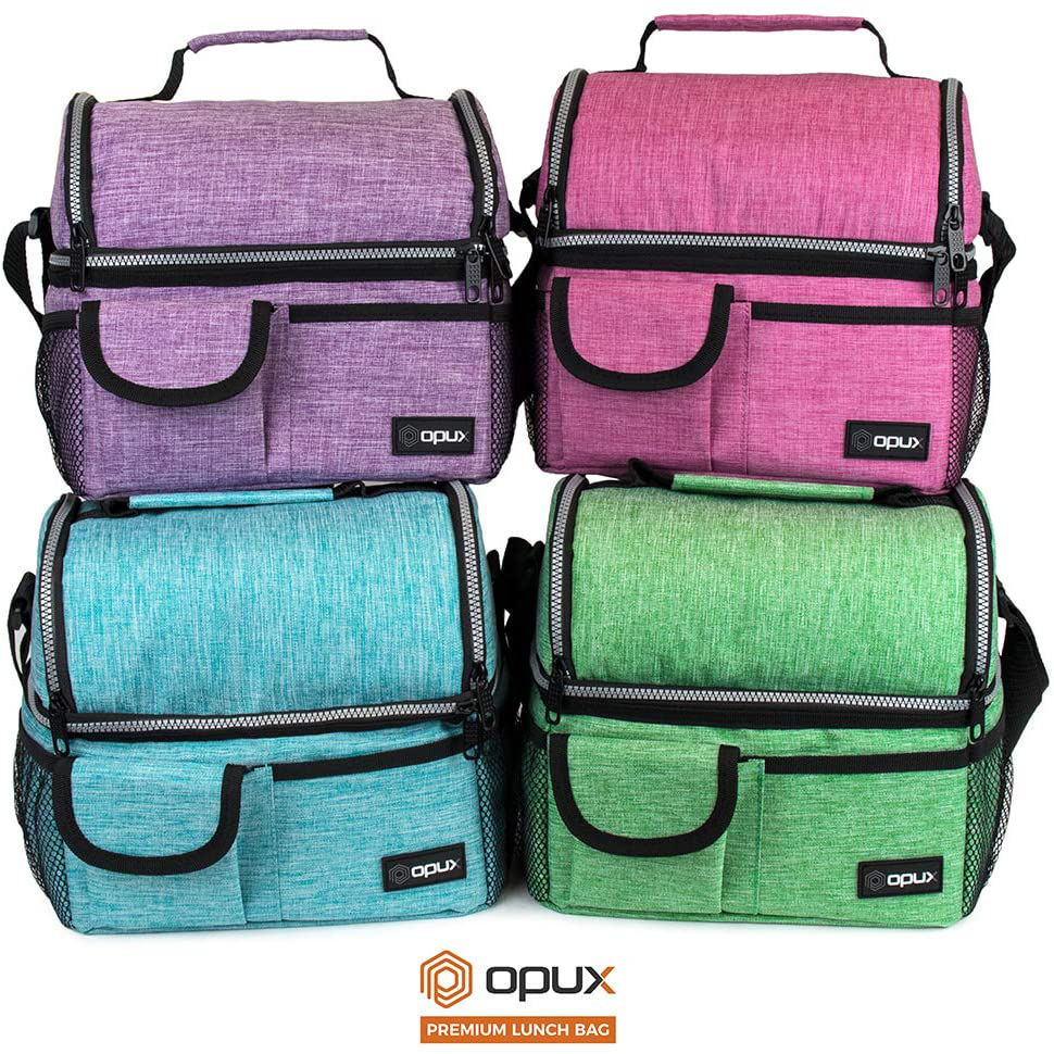 OPUX Insulated Dual Compartment Lunch Bag for Women | Double Deck Reusable Lunch Pail Cooler Bag with Shoulder Strap, Soft Leakproof Liner | Large Lunch Box Tote for Work, School (Pink)