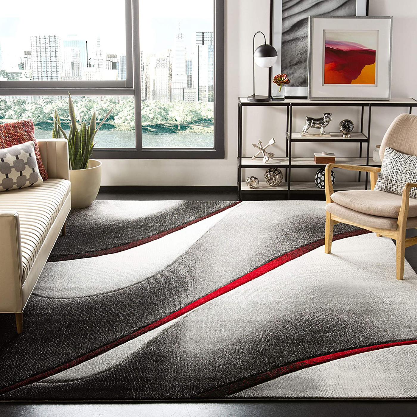 Safavieh Hollywood Collection HLW712K Mid-Century Modern Non-Shedding Living Room Bedroom Accent Area Rug, 4' x 6', Grey / Red