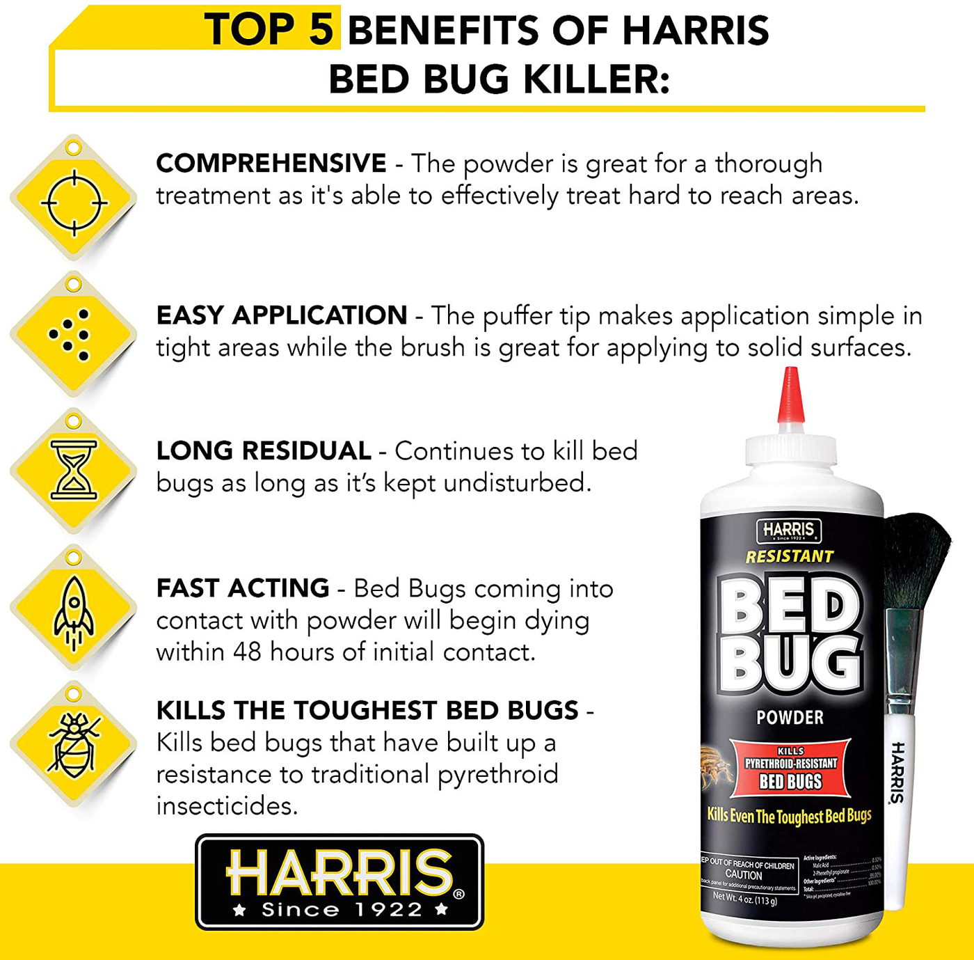 HARRIS Bed Bug Killer Powder, 4oz with Application Brush