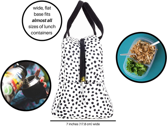 Steel Mill & Co Small Insulated Lunch Bag, Large Capacity Reusable Cooler Bag Tote with Zipper Closure, Pockets, Sturdy Handles, Black Dots