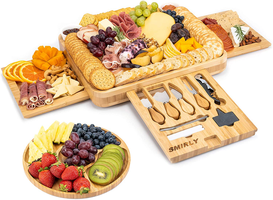 SMIRLY Bamboo Cheese Board and Knife Set: Large Charcuterie Board Set - Wine Meat Cheese Platter - Unique Housewarming Gift for Women, Wedding & Anniversary Gift for Couple, Bridal Shower Gift for Her