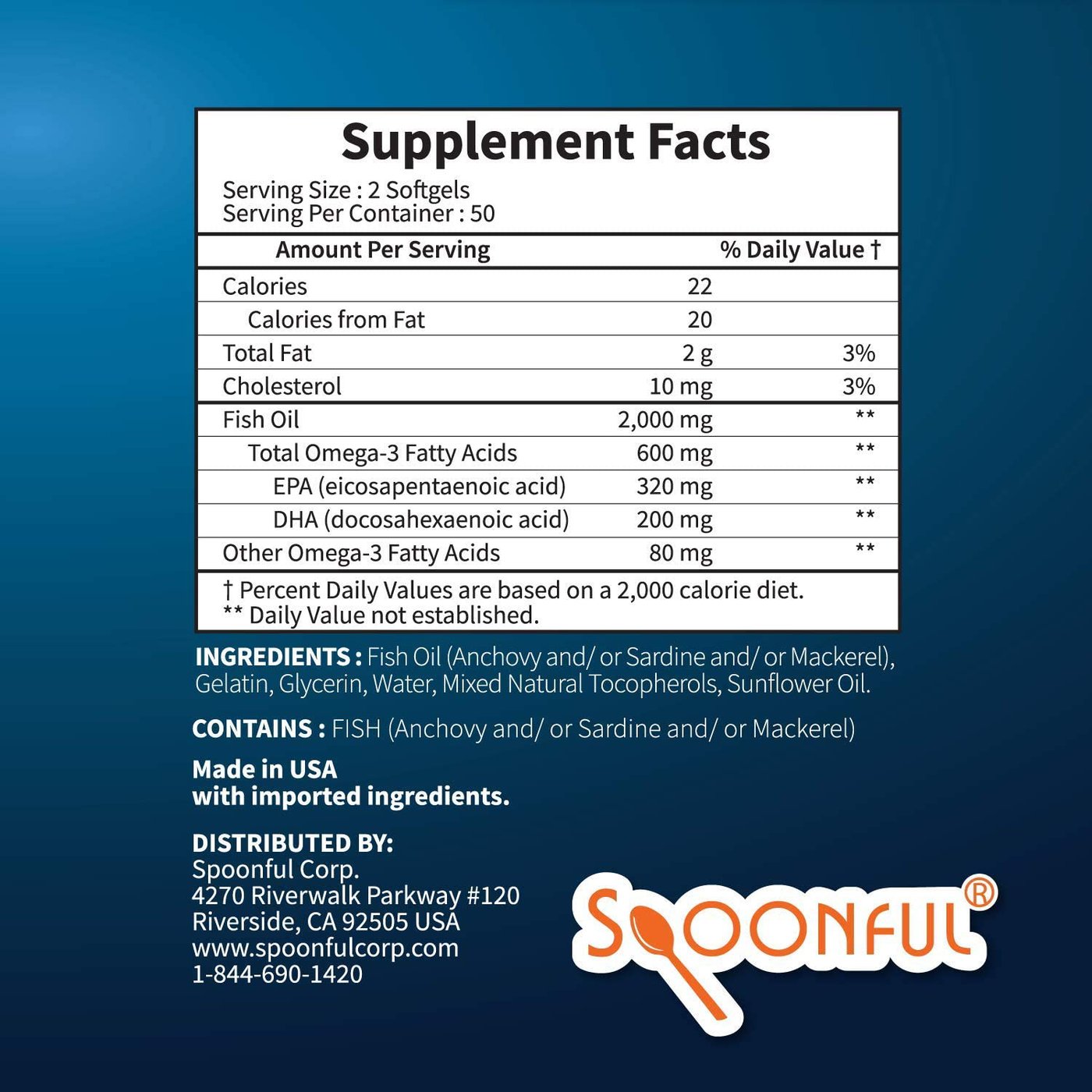 Spoonful Omega 3 Fish Oil 2000 mg, 100 Capsules, Rapid Release Softgels, NSF - Certified