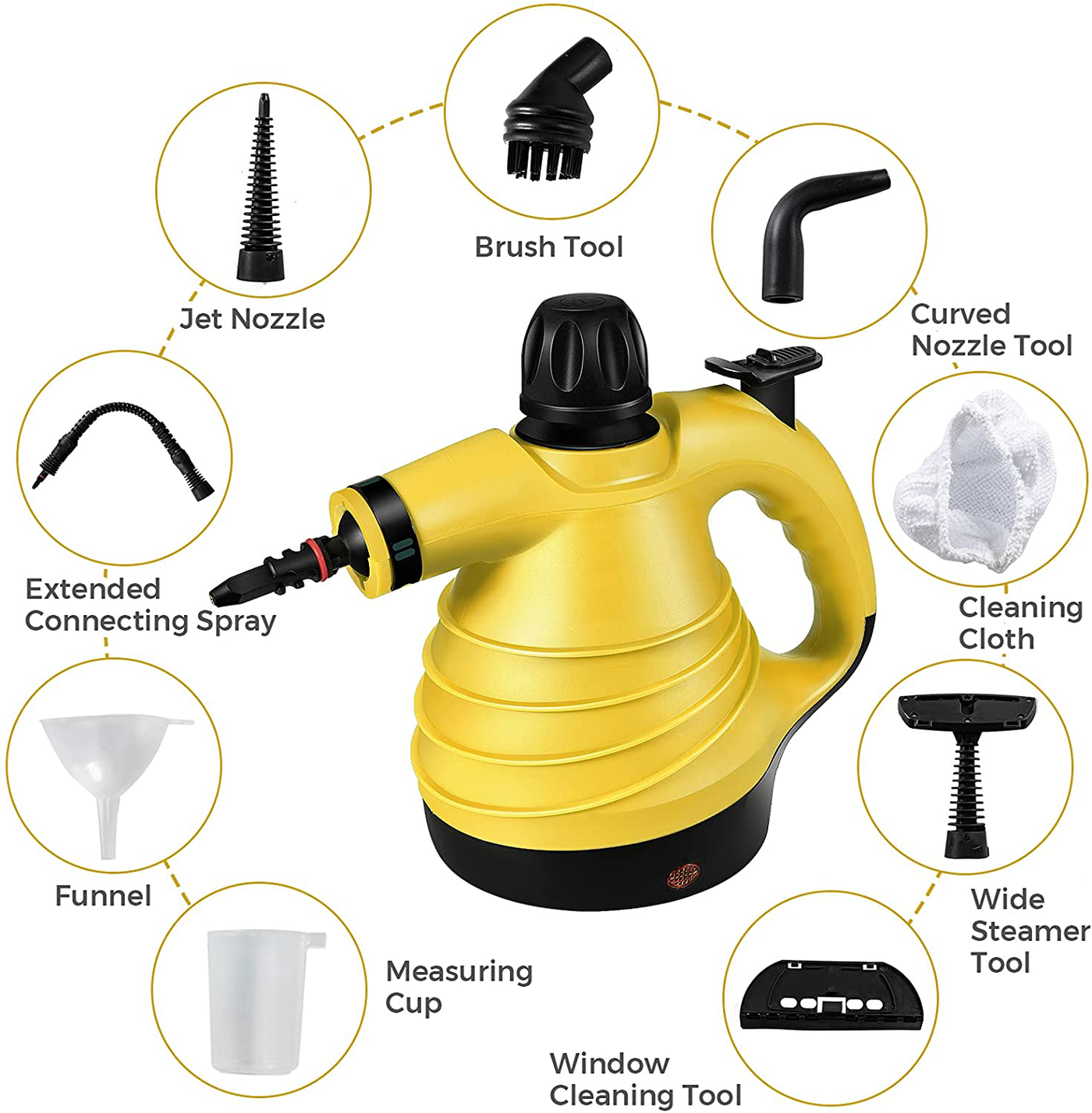 GOFLAME Handheld Steam Cleaner with 9-Piece Accessory Set, Multipurpose Steam Cleaning Machine Pressurized, Chemical-Free Steam Cleaner Portable for Sofa Carpet Curtain Floor Window Car Seat (Yellow)