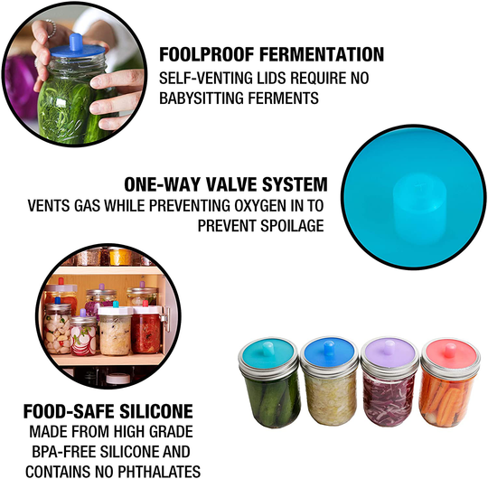Masontops Pickle Pipes - Waterless Airlock Fermentation Lids - Regular Mouth Mason Jar Fermenter Caps - Premium Silicone