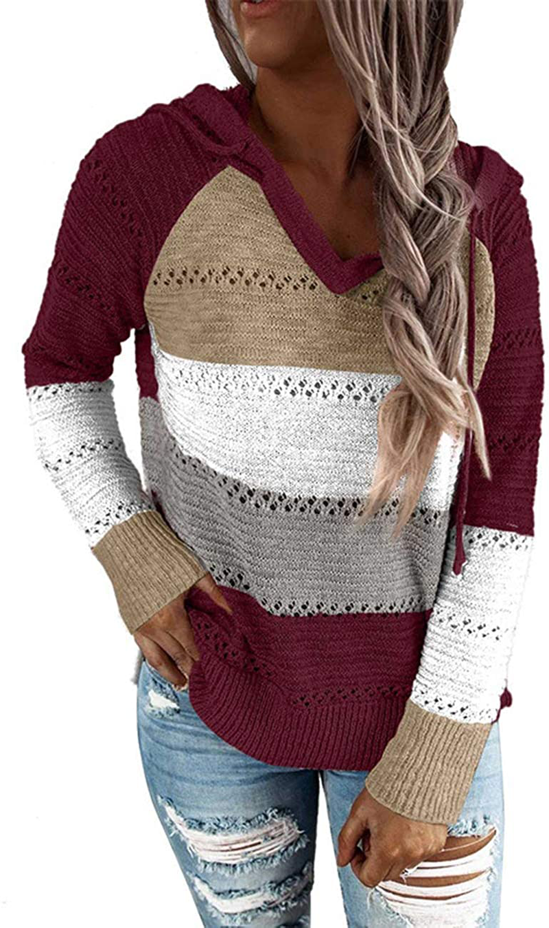 MAYFASEY Women's Color Block Striped Hoodies Sweater Long Sleeve Casual Loose Knitted Pullover Sweatshirt Tops