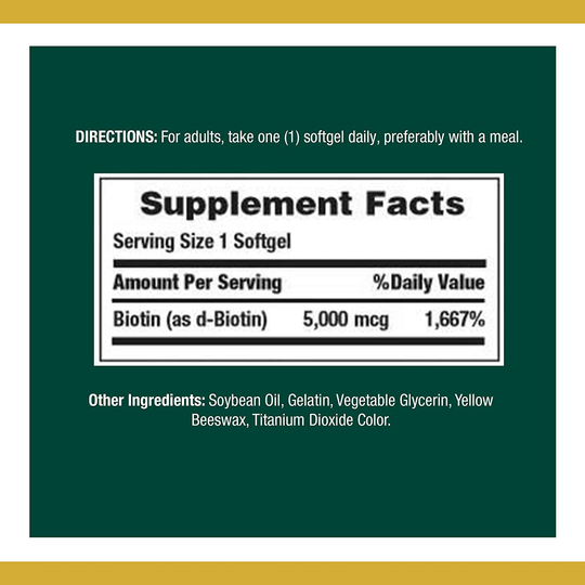 Biotin by Nature's Bounty, Vitamin Supplement, Supports Metabolism for Energy and Healthy Hair, Skin, and Nails, 5000 mcg, 72 Softgels