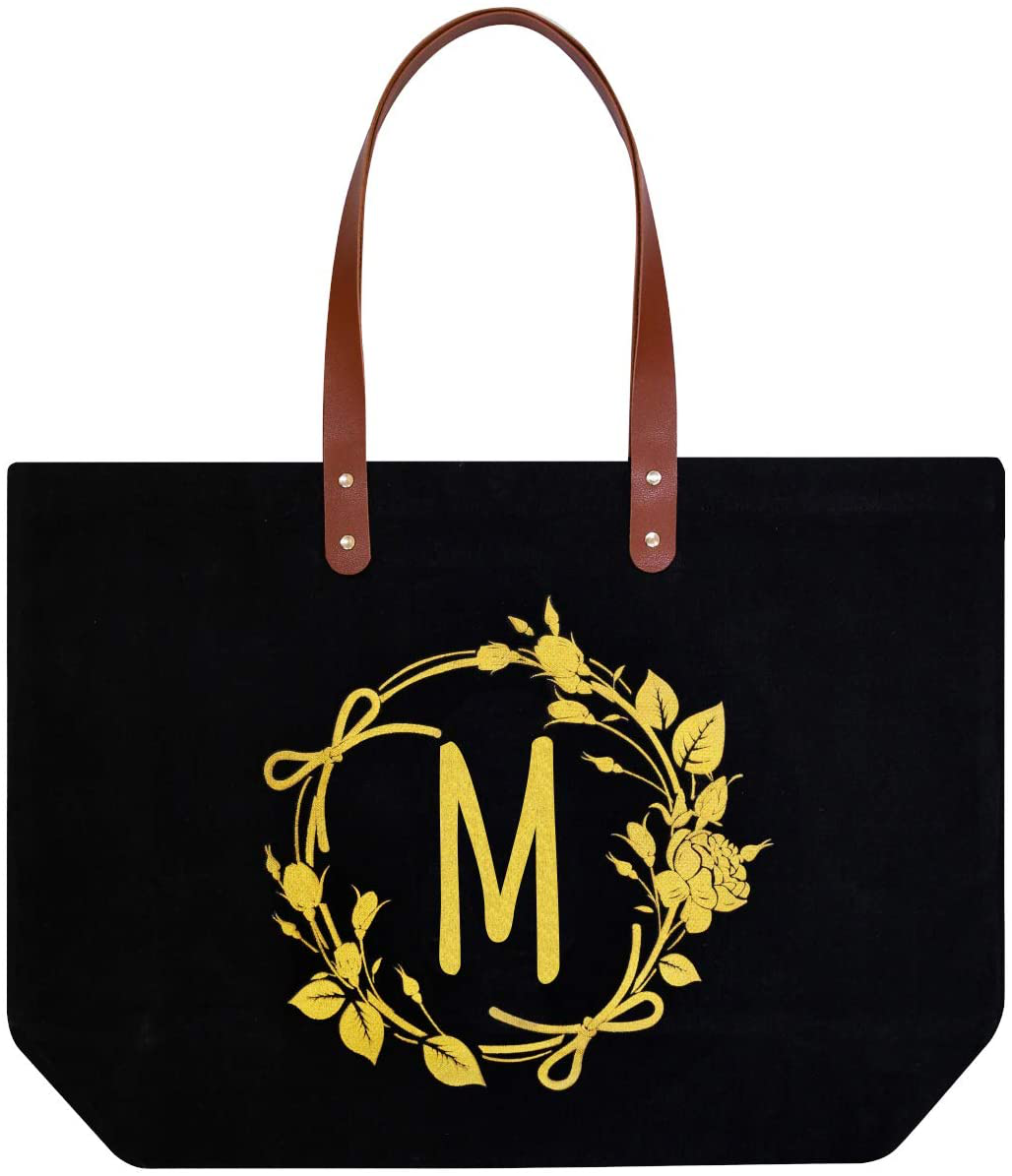 ElegantPark Monogrammed Gifts for Women Personalized Tote Bags Monogram A Initial Bag Totes for Wedding Bride Bridesmaid Gifts Birthday Gifts Teacher Gifts Bag with Pocket Black Canvas