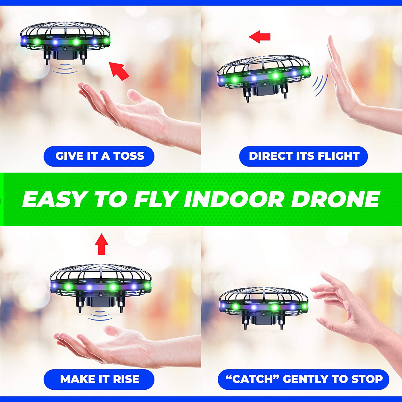 Force1 Scoot LED Hand Operated Drone for Kids or Adults - Hands Free Motion Sensor Mini Drone, Easy Indoor Small UFO Toy Flying Ball Drone Toy for Boys and Girls (Green/Blue)