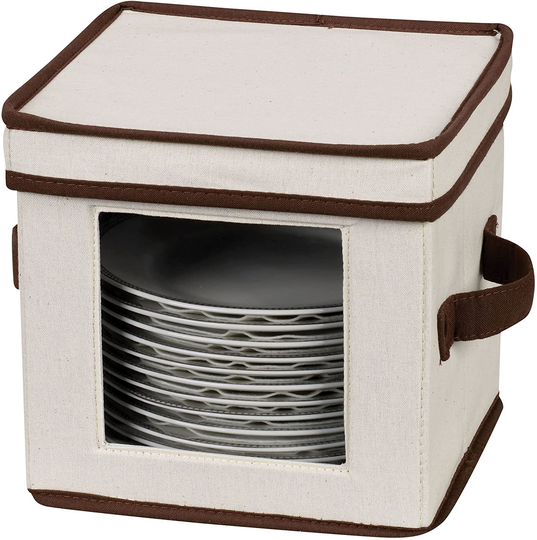 Household Essentials 534 Dinnerware Storage Box with Lid and Handles | Chest for Salad Plates | Natural Canvas with Brown Trim