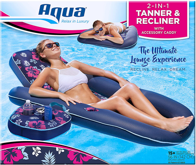 Aqua Campania Ultimate 2 in 1 Recliner & Tanner Pool Lounger with Adjustable Backrest and Caddy, Inflatable Pool Float